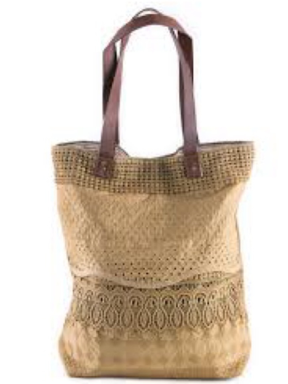 Mona B Tan Crochet Lace Tote with Brown Handles